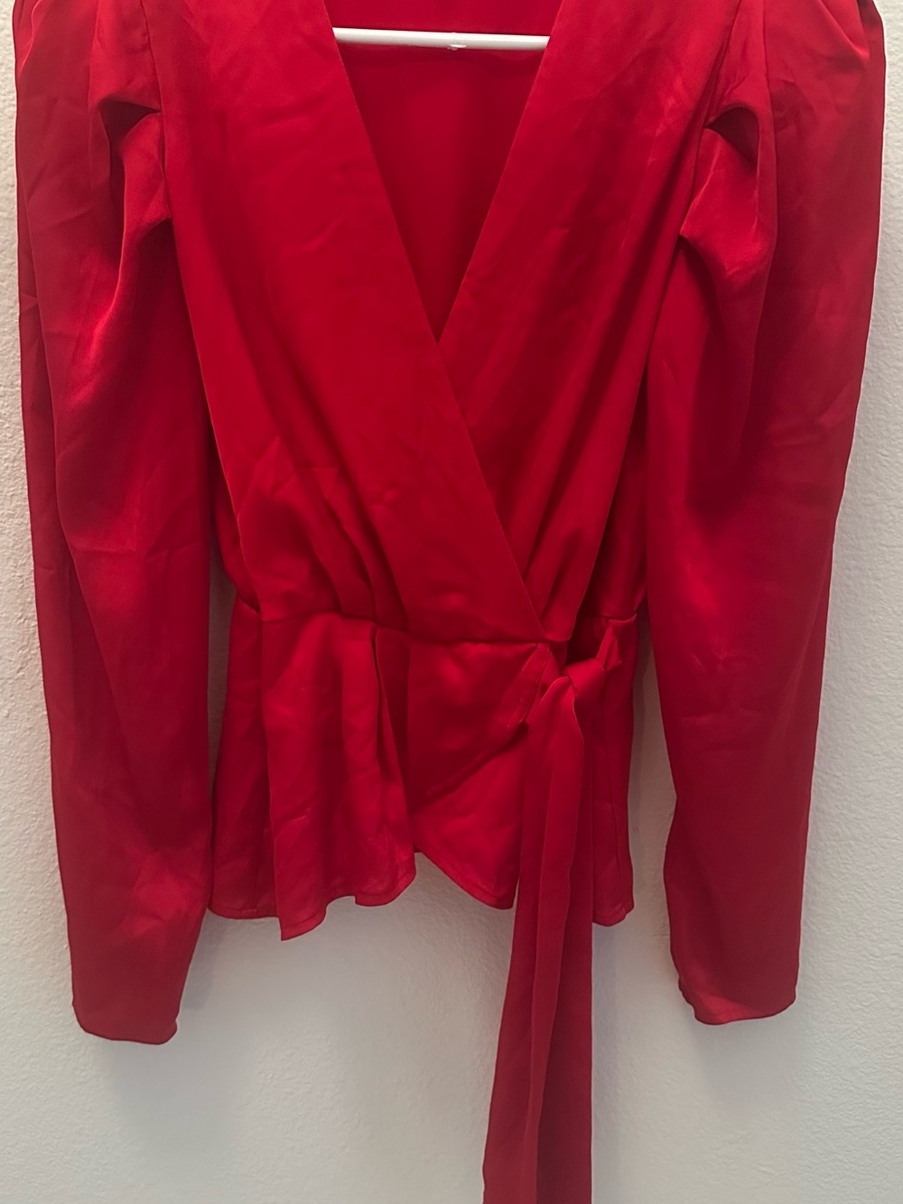 Express Red Satin-Look Wrap Blouse with Tie